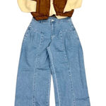 Amazon Women's Wide Leg Jeans & Puffer Vest Outfit Beige Cream Brown Blue Photo 0