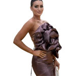 ZARA Voluminous 3D Fabric Flower Strapless Metallic Lace Up Back Mini Dress Sz S Photo 2