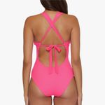 Becca Modern Edge One Piece Swimsuit Plunge Neck Criss Cross Medium Pink Neon Photo 2
