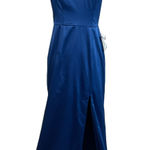 XScape  Satin Double Strap Column Evening Gown Blue Size 4 Sleeveless Thigh Slit Photo 0
