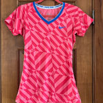 Nike  Pro Dri Fit Shirt Womens Medium Coral Blue Geometric Fitted Logo Athletic Photo 0