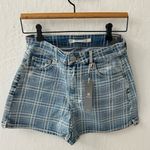 Tractr Checker Gingham Plaid High Rise Slim Blue Denim Shorts 2/26 Photo 0