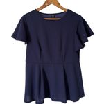 SheIn  Curve Peplum Top 0XL Navy Blue Flutter Sleeve Stretch‎ Photo 0