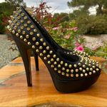 Vince Camuto Black Leather Gold Spike Studded Platform Pump Heels Size 6 Photo 3