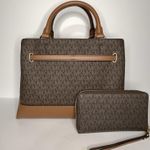 Michael Kors  Reed Large Belted Satchel Bag Purse Brown MK Signature + Wallet Photo 1