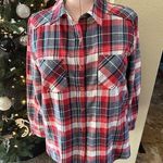 She & Sky  Classic Cotton Flannel Shirt Size Medium Red White Blue Plaid Photo 0