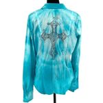 Love Junkie Women’s Tie Dye Button Down Shirt Studded Cross Teal Size‎ Large Green Photo 3