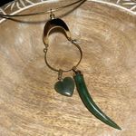 Vintage Gold Tone Choker Green Jade Horn & Heart Pendant Necklace Photo 0