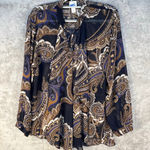 Chico's  Blouse Size Large Blue Brown Paisley Ruffle Scarf Academia Photo 0