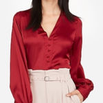EXPRESS  Satin Silky V neck Button Detail Balloon Sleeve Blouse Top Crimson Med Photo 0