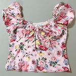 Francesca's Blue Rain Pink Silk Satin Ruched Floral Flowers Short Sleeve Top Shirt Blouse Size S πΈπ Photo 0