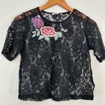🦋 Love More Black Lace Crop Top Embroidered Rose Butterfly Medium Photo 0