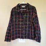 VINTAGE 80s Silver Stream 100% COTTON Jacket Large Black Colorful Tweed Fringe Photo 0
