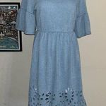 Egy blue dress with laser cut hemline, size Large, ruffle sleeves, lined bottom Photo 0