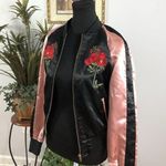 Forever 21  Women Black And Dusty Pink Solid Bomber Jacket Rose Appliqué Y2K Sm Photo 1