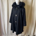 Vintage Carol Horn Black Hooded Wool Coat with Faux Fur Trim & Brass Closure 8 Photo 1