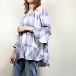 Beach Lunch Lounge Pink & Blue Plaid Off the Shoulder Tunic Blouse Photo 1