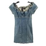 Moda International Y2K Denim Dress 6 Blue Ruffle Neck Milkmaid Stretch Retro Photo 2