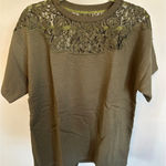 Womens Olive Green Lace‎ Detail Short Sleeve Crew Neck T Photo 0