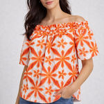 Skies Are Blue  Orange Embroidered Off-Shoulder Top Small NWT Photo 0