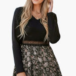 Cupshe  Paisley Print Lace A-Line Mini Dress Black Long Sleeve V Neck Sz Medium Photo 0