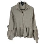Gracia Brown and White Striped Peplum Button-Up Blouse Photo 0