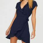 Aritzia Sunday Best Ruffle Wrap Chiffon Navy Mini Dress Size 2 Blue Photo 0