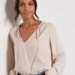 Cloth & Stone Anthropologie  Jacquard Blouse Tie Neck Beige Leopard Size Small Photo 0