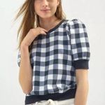 Anthropologie T.La Navy Blue White Plaid Puff Short Sleeve Sweatshirt Top Sz S Photo 0