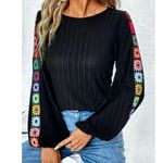 Floral Embroidered Ribbed Long Sleeve Crew Neck Blouse Black size 4 Photo 1