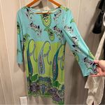 London Times Cute flowy aqua green super paisley jersey knit dress 3/4 sleeve coastal stretch Photo 5