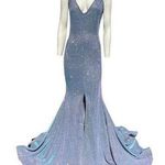 Jessica Angel  Metallic Shimmer Halter Front Slit Gown Blue Size Medium NWT Photo 0