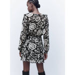 ZARA Floral Print Mini Dress with Ruffles in Black / White Photo 2