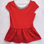 Alya Red Textured Rhinestone Neckline Peplum Top Cap Sleeves Party Dressy Glam Photo 0