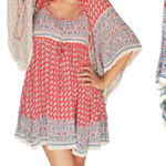 Free People  Heart of Gold Red Blue Boho Flowy Dramatic Sleeve Mini Dress Small Photo 0