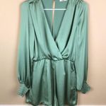 Miami Women’s Satin Mint Green Faux Wrap Open Back Long Sleeve Romper Photo 0
