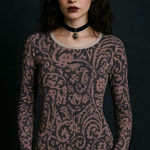 Vera Wang Burnout Mesh Pink Charcoal Semi-Sheer Layered Long Sleeve Top Whimsigoth Moody Photo 0
