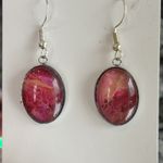 Handmade Poured Paint Oval Earrings Red Yellow Swirl Stainless Steel Artisan Photo 3