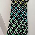 Madison Leigh  Black White Green Geometric Print Short Cap Sleeve Sheath Dress 12 Photo 5