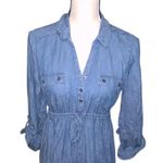 Motherhood Maternity Denim Blue Peplum Shirt Elastic Waist Pockets Photo 1