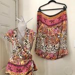 Peter Nygard 100% Silk Nygard Boho Indie Pink yellow wrap top blouse shirt sleeveless jacket & skirt set #whimsical #fairy Measurement in pics Photo 0