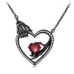 NEW Gothic Skeleton Hand Red Crystal Heart Pendant Necklace Black Gothic Jewelry Photo 3