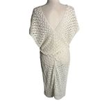 Handmade  Loose Knit Cover Up Poncho One Size White V Neck Tie Belt Open Sides Photo 3