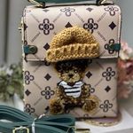 Fluffy Bear Decor Top Handle Purse, Faux Leather, Removable strap. Green strap Tan Photo 0