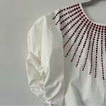 Queen of Sparkles White Puffed Sleeve Red Rhinestone Sunburst Sparkle Top S Photo 3