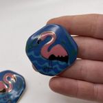 Flamingo Fun Women’s Pierced Costume Earrings Ceramic Handmade Pink  / Blue Photo 2