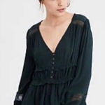 American Eagle  Outfitters Dark Green Textured Peasant Blouse Lace Detail Medium Photo 0