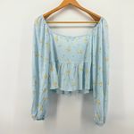 Sophie Rue Floral Long Sleeve Top Smocked Ruffle Tie Light Blue Large Peasant Photo 5
