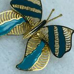 Gold Color Open Stripes Butterfly Jewelry Pin Brooch Two Tone Teal Bluish Colors Photo 3