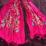 Pink and Blue Floral Embroidered Scarf with Tassels Photo 0